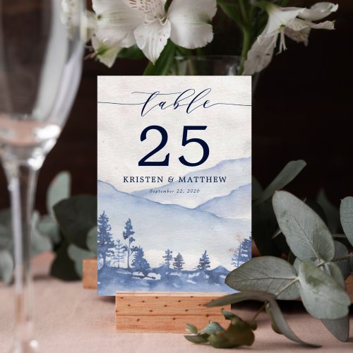 Rustic Blue Watercolor Mountain Wedding Table Number