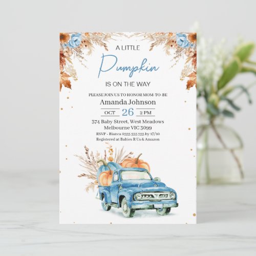 Rustic Blue Watercolor Pumpkin Truck Baby Shower Invitation