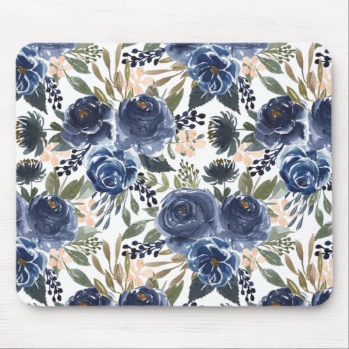 Rustic Blue Watercolor Roses and Peonies Pattern Mouse Pad