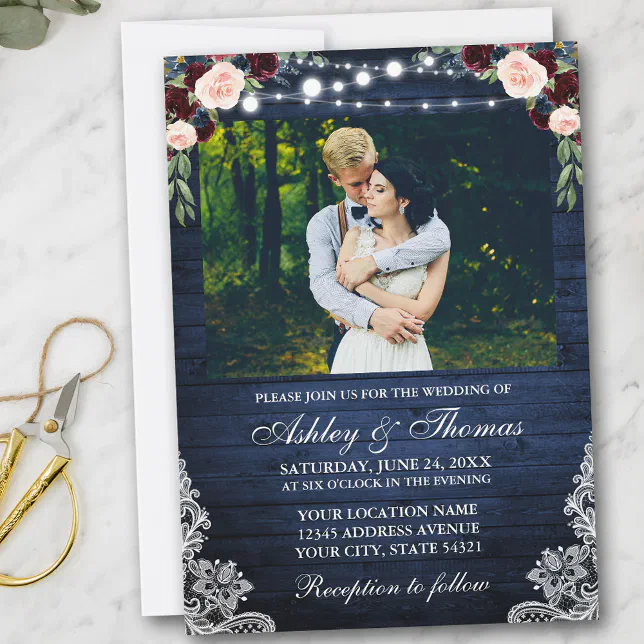 Rustic Blue Wedding Floral Wood Lights Lace Photo Invitation | Zazzle