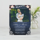 Rustic Blue Wedding Floral Wood Lights Lace Photo Invitation (Standing Front)