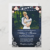 Rustic Blue Wedding Floral Wood Lights Lace Photo Invitation (Front)