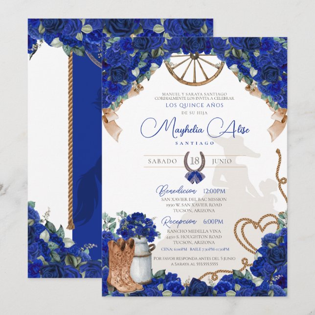 Rustic Blue Western Charro Quinceañera Invitation (Front/Back)