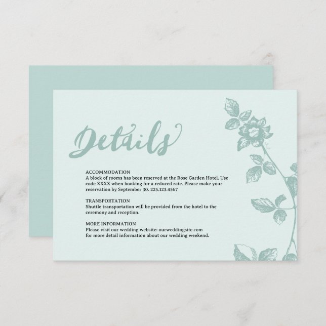Rustic Blue Whimsical Floral Details Enclosure Card (Front/Back)