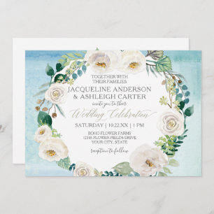 Rustic Blue White Alabaster Rose Eucalyptus Wreath Invitation