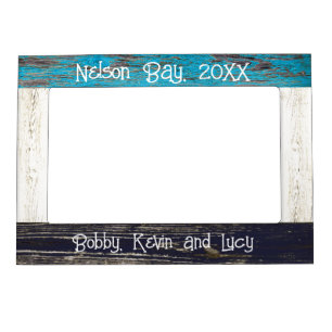Rustic Blue White Beach Wood Text  Magnetic Frame
