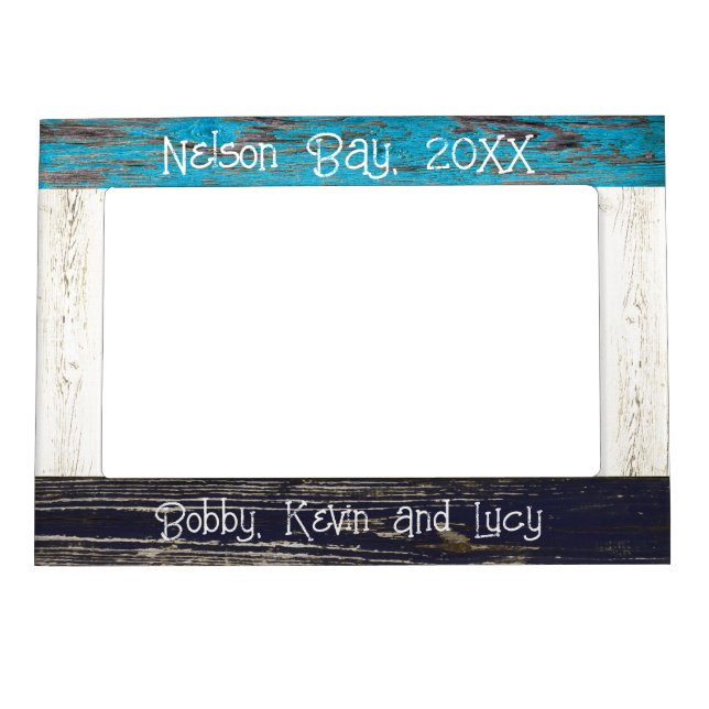 Rustic Blue White Beach Wood Text  Magnetic Frame (Front)