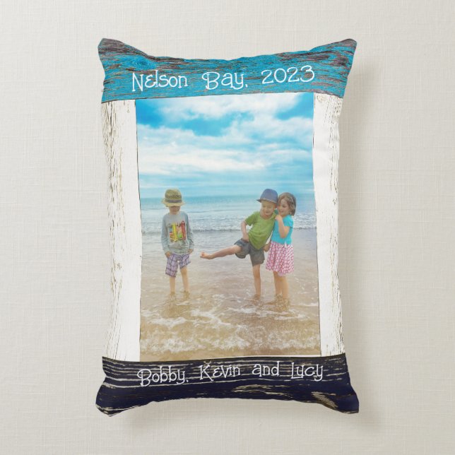 Rustic Blue White Beach Wood Text Photo Frame Accent Pillow (Front(Vertical))