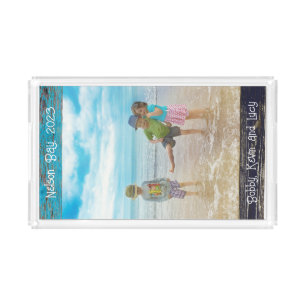 Rustic Blue White Beach Wood Text Photo Frame Acrylic Tray
