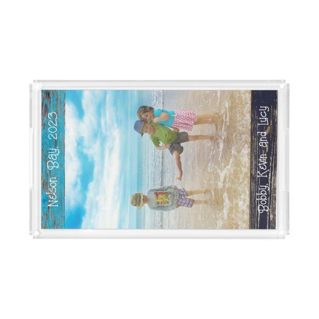 Rustic Blue White Beach Wood Text Photo Frame Acrylic Tray (Front)