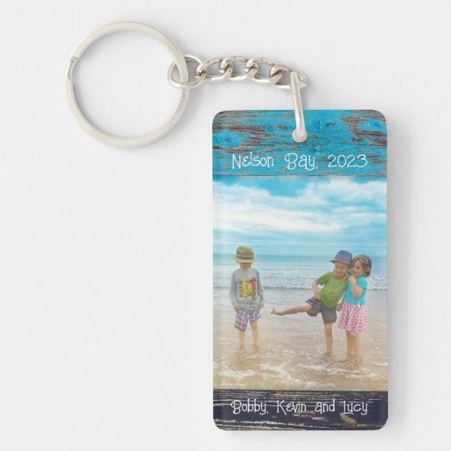 Rustic Blue White Beach Wood Text Photo Frame Keychain (Front)