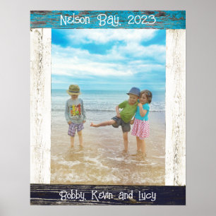 Rustic Blue White Beach Wood Text Photo Frame Poster