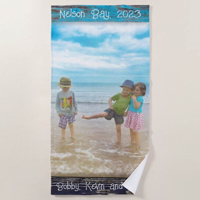 Rustic Blue White Beach Wood Text Photo Frame Towel (Front)
