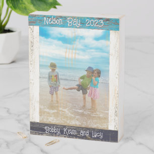 Rustic Blue White Beach Wood Text Photo Frame Wooden Box Sign