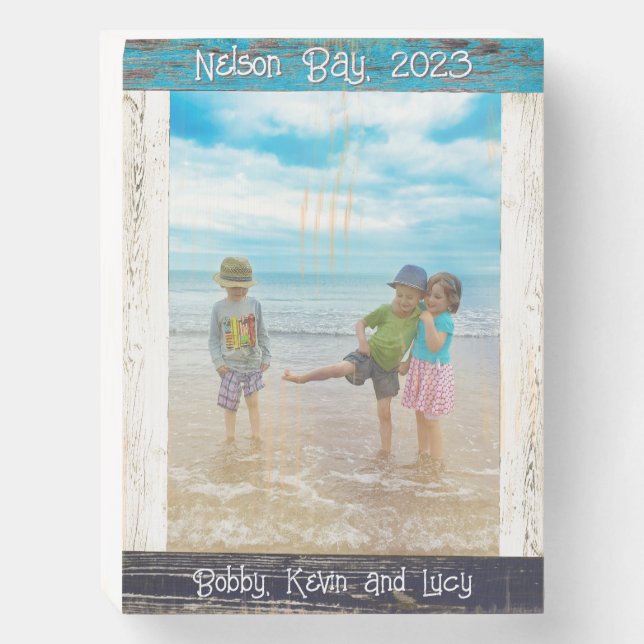 Rustic Blue White Beach Wood Text Photo Frame Wooden Box Sign (Front Vertical)