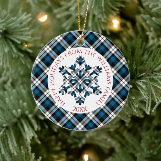 Rustic Blue White Black Tartan Checks Snowflakes Ceramic Ornament (Tree)
