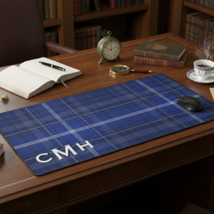 Rustic Blue White & Black Tartan Plaid Monogram Desk Mat
