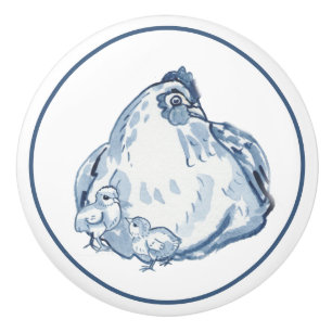 Rustic Blue & White Chicken Hen Country Delft Ceramic Knob