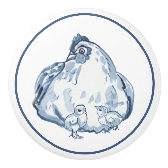 Rustic Blue & White Chicken Hen Country Delft Ceramic Knob (Front)