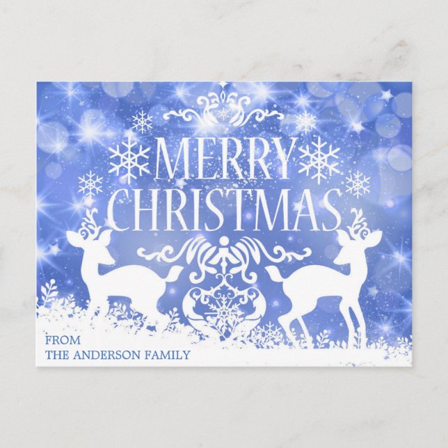Rustic Blue White Christmas Reindeer Snow Winter Postcard (Front)