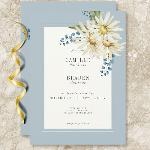 Rustic Blue  White Daisies Wedding Invitation