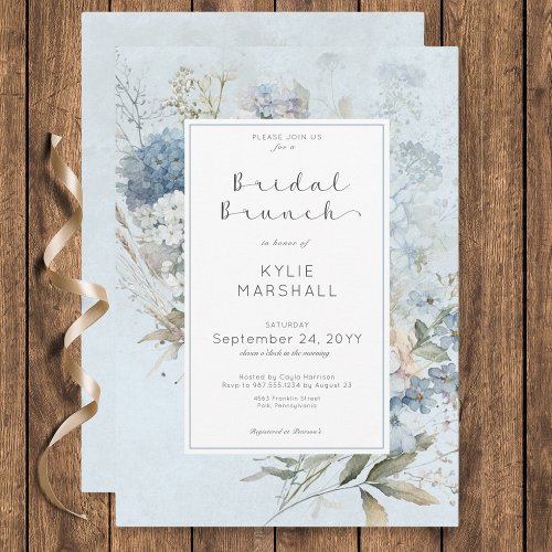 Rustic Blue  White Floral Frame Bridal Brunch Invitation