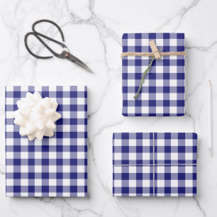 Rustic Blue White Gingham Checkered Pattern Wrapping Paper Sheets