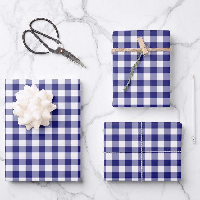 Rustic Blue White Gingham Checkered Pattern Wrapping Paper Sheets (Front)