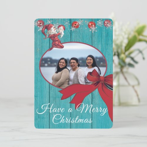 Rustic Blue White Red Elf Family Photo Holiday Card