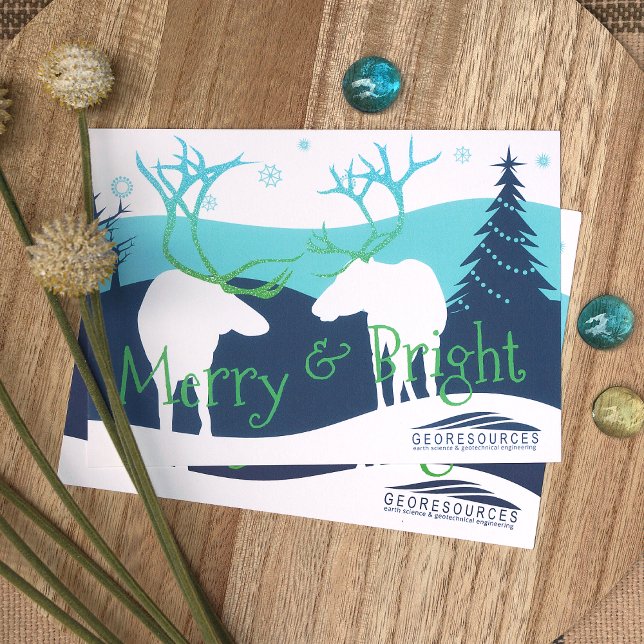 Rustic Blue, White Reindeer Company Logo Holiday Invitation (Rustic Blue, Turquoise, Green Elk Company Holiday Christmas Cards, for Green, Blue Business Logo)