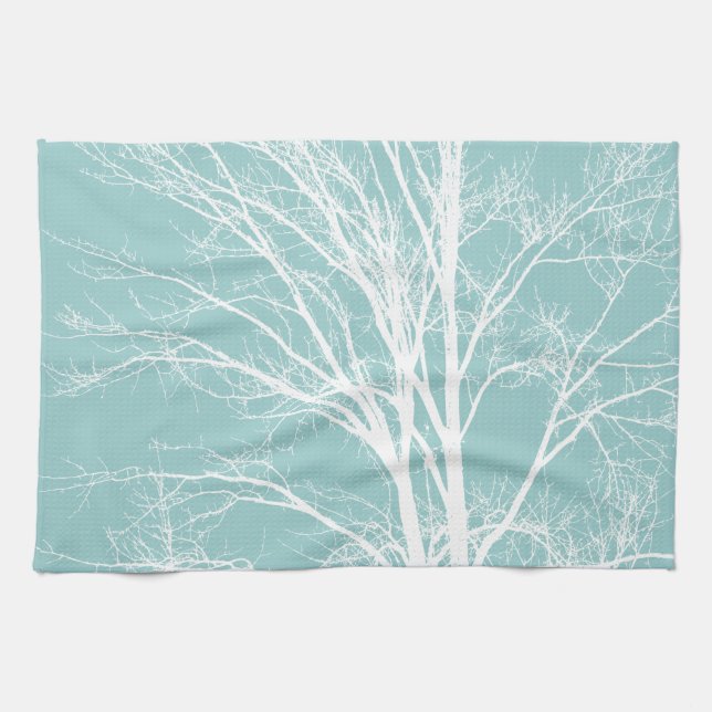 Rustic Blue White Tree Branches Kitchen Towel (Horizontal)