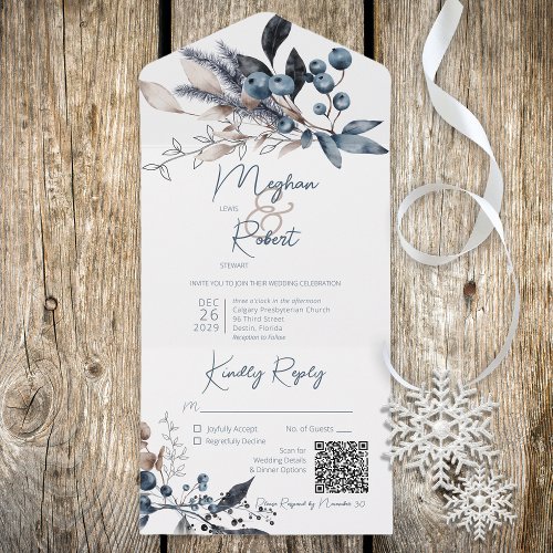 Rustic Blue  White Winter Foliage QR Code All In One Invitation