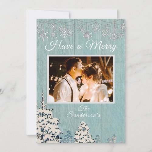 Rustic Blue White Winter Snow Family Photo  Holiday Card