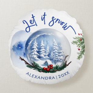 Rustic Blue White Winter Snow Globe Woodland Paint Round Pillow