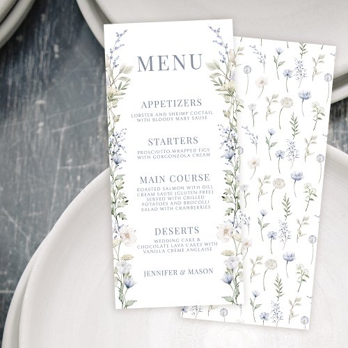 Rustic blue wildflower garden wedding menu cards