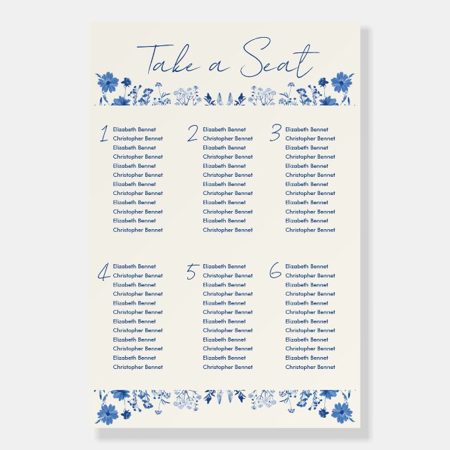 Rustic Blue Wildflower Wedding Seating Chart Foam Board (Front)