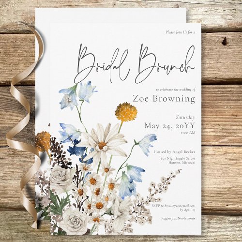 Rustic Blue Wildflowers  Daisies Bridal Brunch Invitation