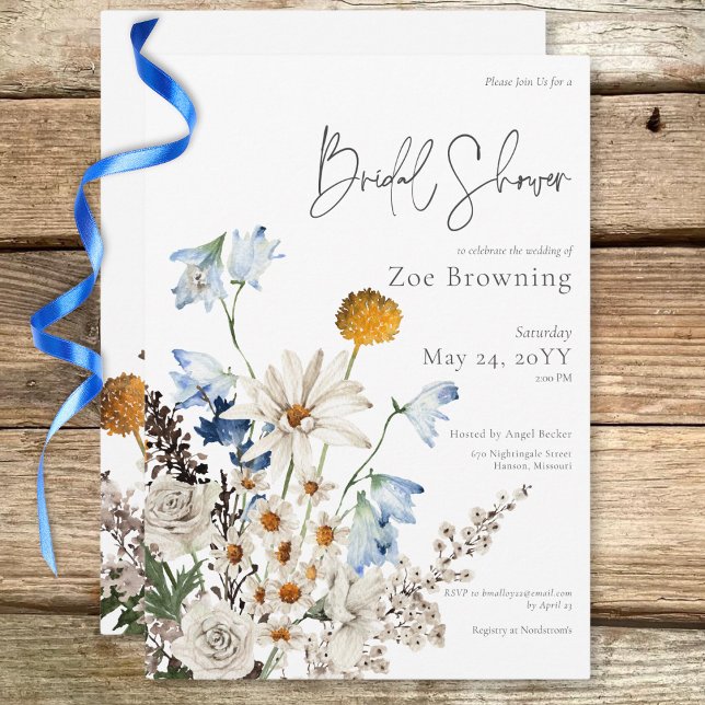 Rustic Blue Wildflowers & Daisies Bridal Shower Invitation (Rustic Blue Wildflowers & Daisies Bridal Shower Invitation)