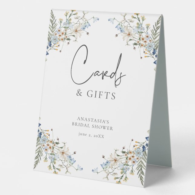 Rustic Blue Wildflowers & Daisies Shower Gifts Table Tent (Front)