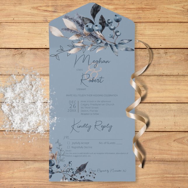 Rustic Blue Winter Foliage Blue Details All In One Invitation (Rustic Blue Winter Foliage Blue Details All In One Invitation)