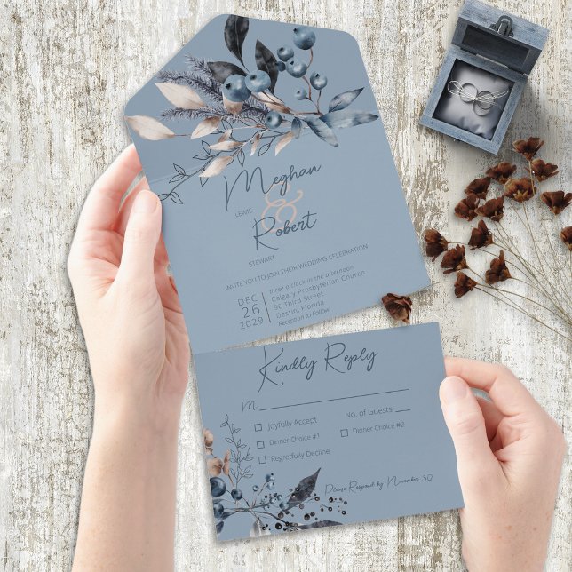 Rustic Blue Winter Foliage Blue Dinner All In One Invitation (Also available with a QR code or without dinner selectin options.)