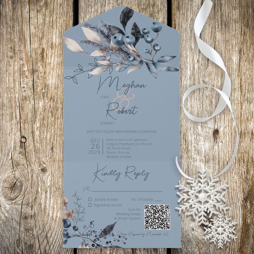 Rustic Blue Winter Foliage QR Code All In One Invitation