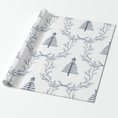 Rustic Blue Winter forest Nordic Scandi Christmas  Wrapping Paper