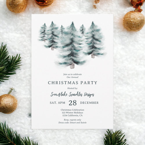 Rustic Blue Winter snowy Pines Christmas corporate Invitation