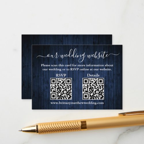 Rustic Blue Wood 2 QR Wedding RSVP Details Enclosure Card