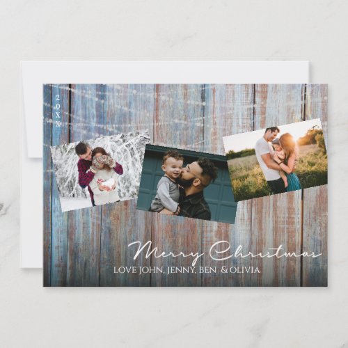 Rustic Blue Wood 3 Photo Merry Christmas Card