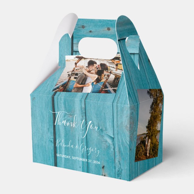 Rustic Blue Wood 4 Photos Wedding Favor Boxes (Front Side)