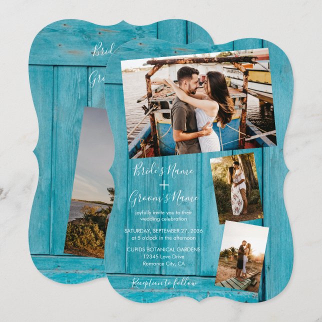 Rustic Blue Wood 4 Photos Wedding Invitations (Front/Back)
