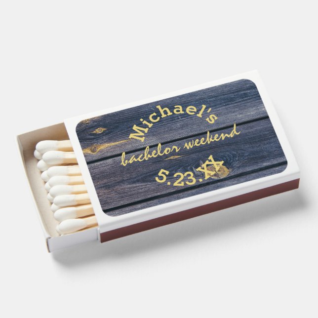 Rustic Blue Wood | Bachelor Weekend Monogram Matchboxes (Front Open)