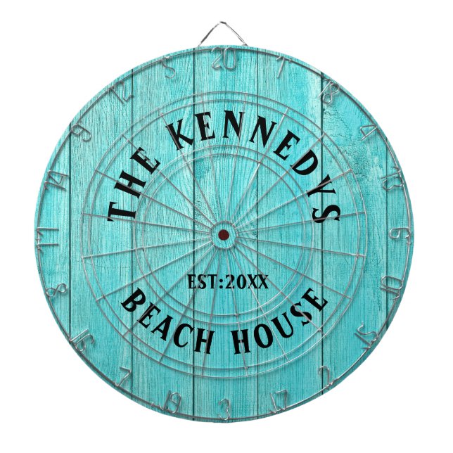 Rustic Blue Wood Beach house Family Name Dart Board (Front)
